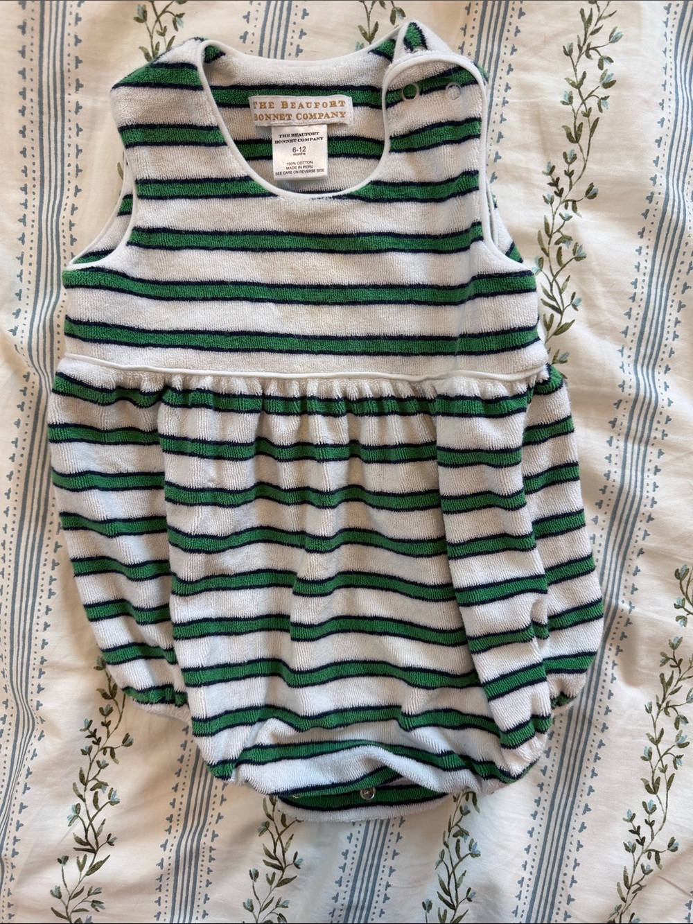 The Beaufort Bonnet Company Green and White Striped Knit Bubble Romper